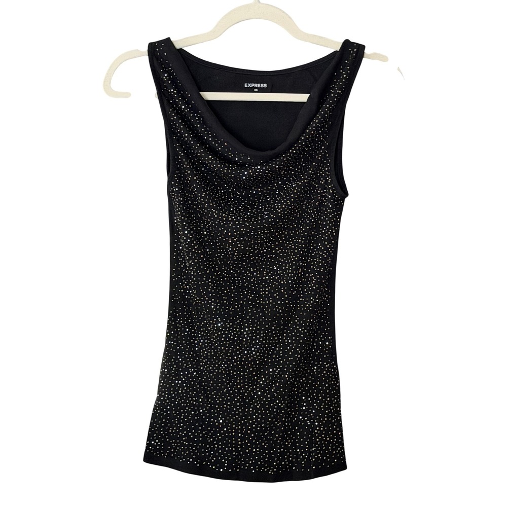 Express Women's XS Y2K Black Embellished Cowl Neck Sleeveless Tank | SKU 1162